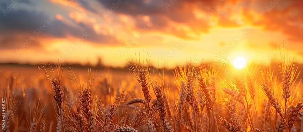 Poster sunset over a rural wheat field with ripening ears under an orange cloudy sky. close-up nature photo