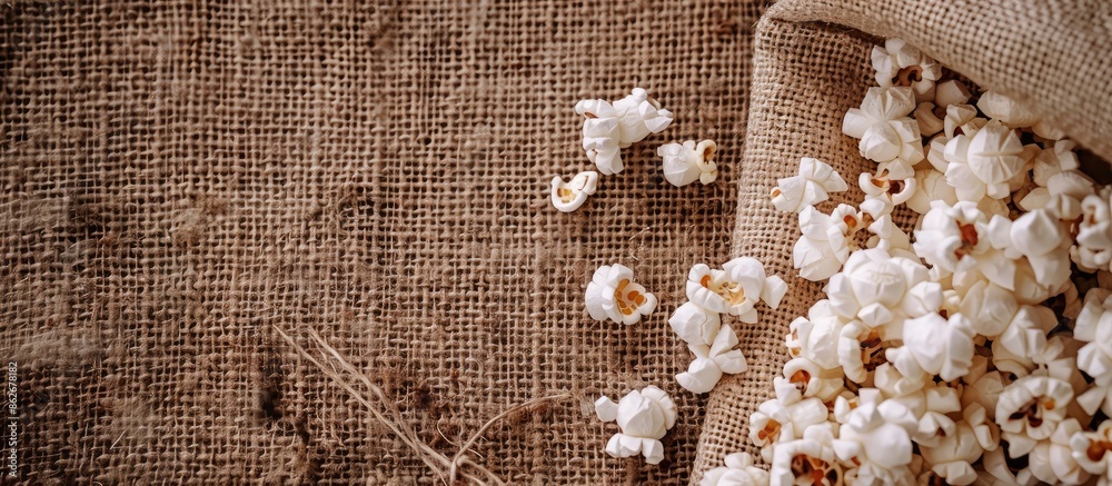 Aufkleber Close-up image of popcorn on burlap with space for text. Copy space image. Place for adding text and design