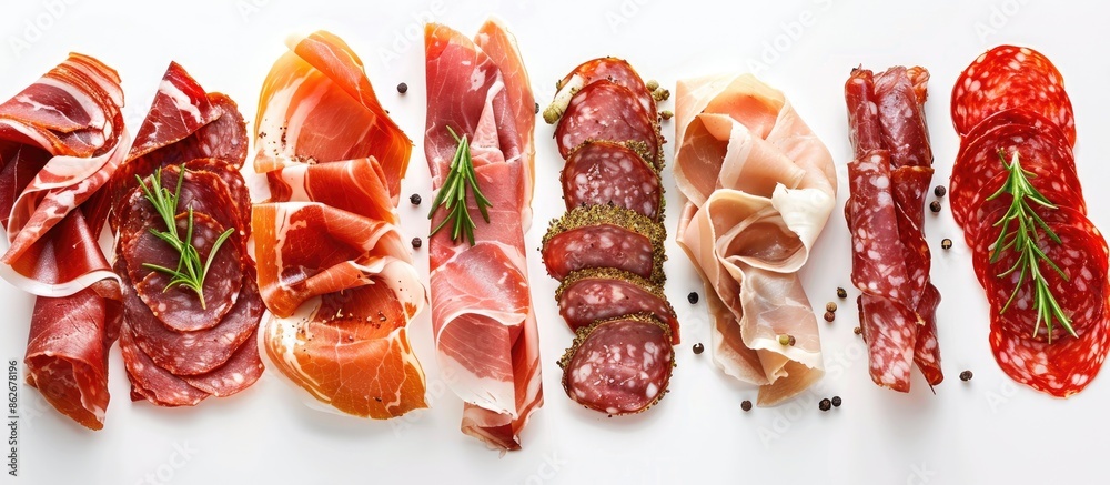 Aufkleber A variety of cured meats including Prosciutto Crudo and Jamon with spices presented as an antipasto appetizer on a white isolated background with copy space image.