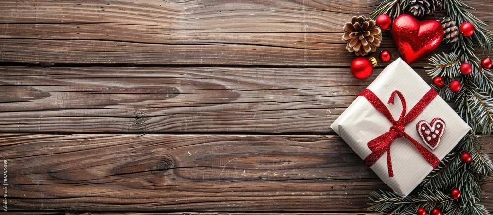 Poster heart and gift decorations in red and white on a wooden backdrop with copy space image.