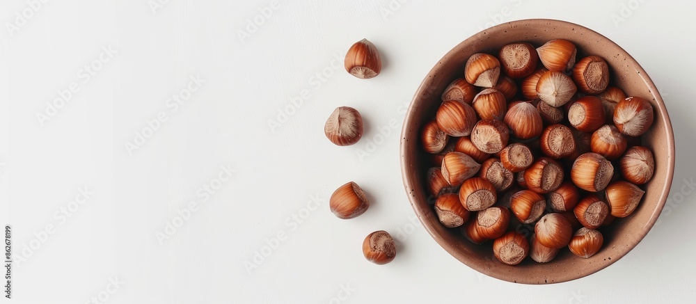 Poster Overhead view of a bowl filled with hazelnuts on a white backdrop with copy space image.