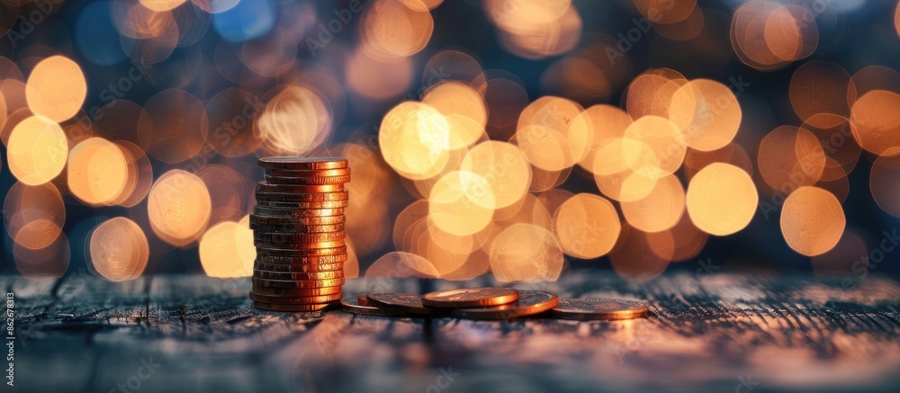 Poster An innovative business savings concept displayed with a stack of coins on a wooden table against a background of soft bokeh lights, ideal for copy space image.