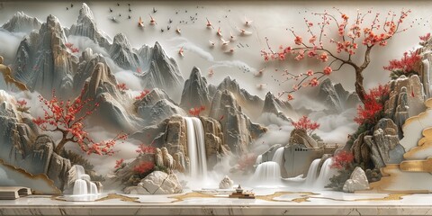 3D Mountain Landscape with Blooming Cherry Trees,Volumetric stucco molding on a concrete wall with golden elements, Japanese landscape, waterfall, mountains