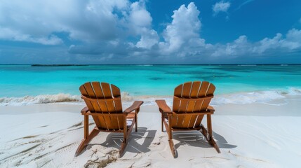 Fototapeta premium photograph of This is the vacation time show wood chairs on a beautiful tropical beach with white sand and clear turquoise ocean at exotic island --ar 16:9 Job ID: daef7dd3-e1ec-4869-b811-8323a2ab105c