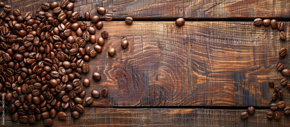 Poster copy space image of coffee beans on rustic wooden surface