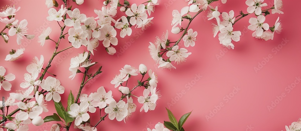 Poster delicate white flowers on a pastel pink background with copy space image. illustrating a springtime 