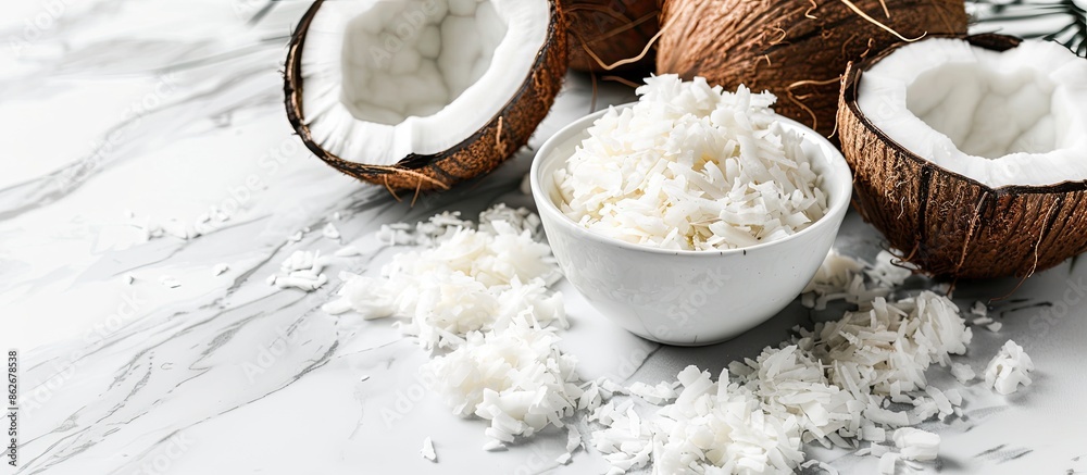 Poster white marble background with copy space image featuring coconut halves and freshly grated flakes in 