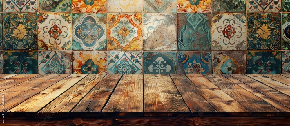 Aufkleber An empty wooden table presents a versatile display area against a vintage tile backdrop, ideal for showcasing products with ample copy space image.
