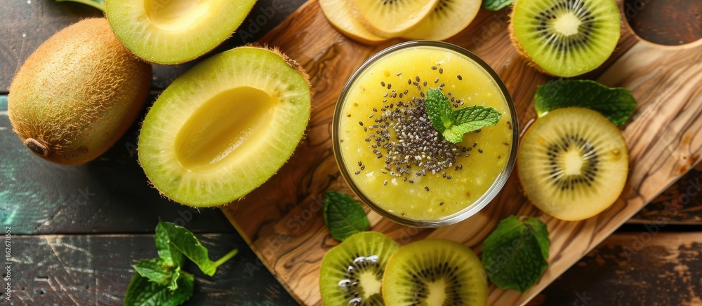 Poster Kiwi smoothie with fresh ingredients displayed on a wooden surface, leaving room for text in the image. Copy space image. Place for adding text and design