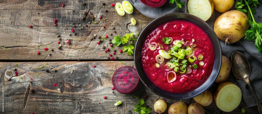 Poster rustic top-view copy space image of a healthy first course, beetroot cream soup with beets, leeks, a