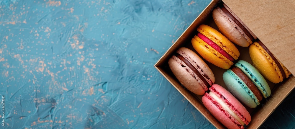 Poster a cardboard box filled with vibrant macaron cookies against a copy space image.