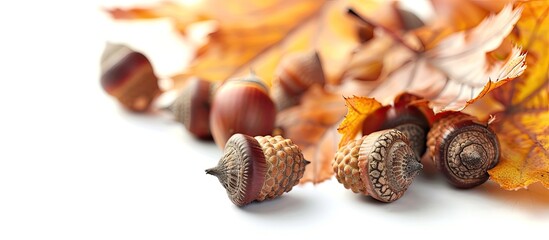 Obraz premium Acorns in fall on white backdrop with room for text, a copy space image.