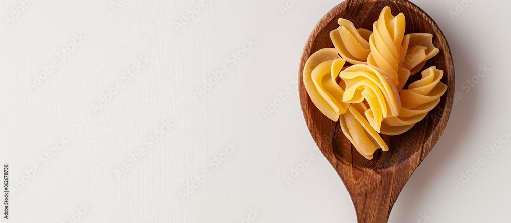 Aufkleber Uncooked pasta displayed on a wooden spoon against a white backdrop with an empty space for images. Copy space image. Place for adding text and design