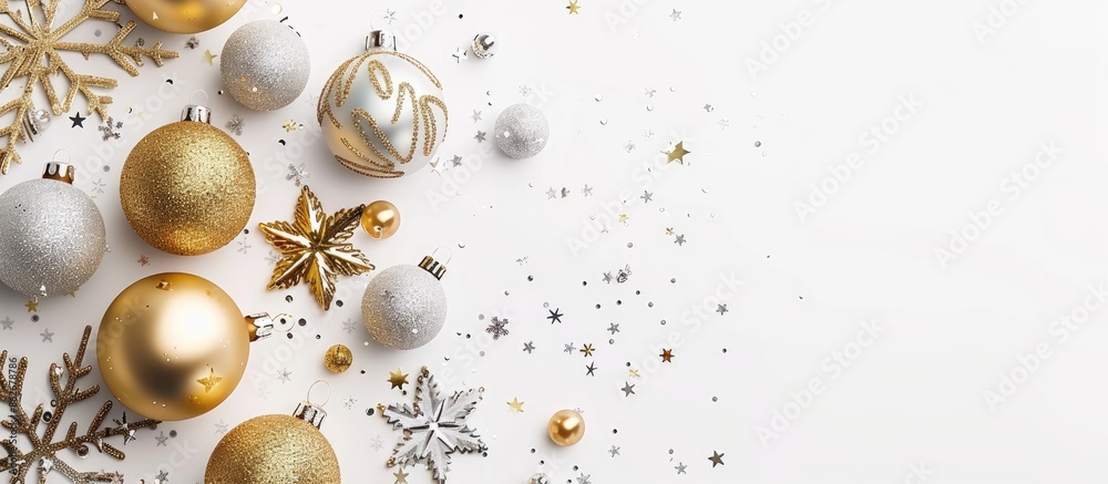 Poster Top view of golden and silver Christmas decorations on a white background with room for additional images, like a copy space image.