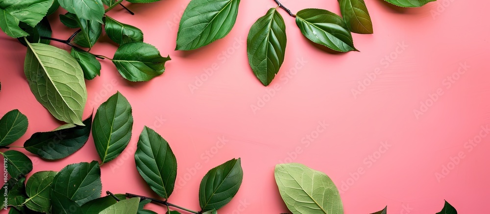 Poster top view of green leaves on a pink paper background with available space for your text or design, cr