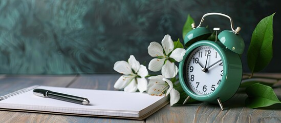 A green alarm clock reads 10 o'clock in the evening, next to a white notebook and an office flower on an office background with copy space image available.