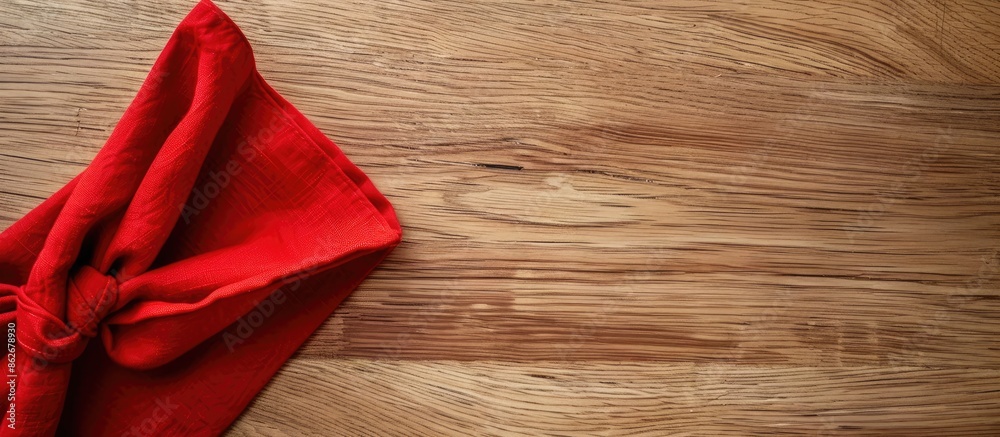 Poster Flat lay of red folded kitchen napkin on table, isolated background with copy space image for mockup, featuring a minimalistic style.