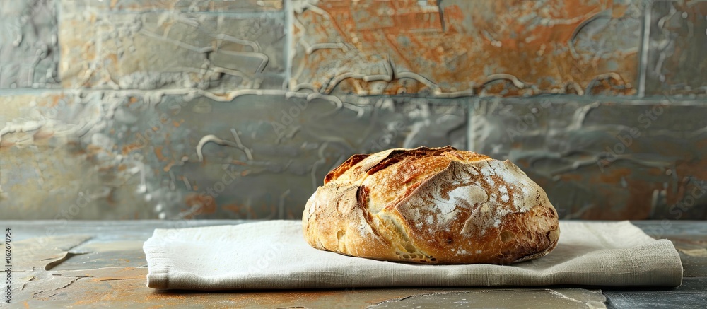 Aufkleber Fresh bread loaf on napkin on a table, set against a rustic stone background for a bakery feel, with space for text or images. Copy space image. Place for adding text and design
