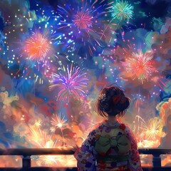 Dreamy Anime Girl Admiring Colorful Fireworks
