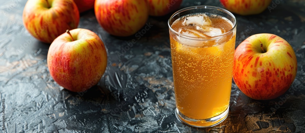 Poster Apple cider displayed in a glass on a terrazzo countertop with a blank space for additional content in the image.