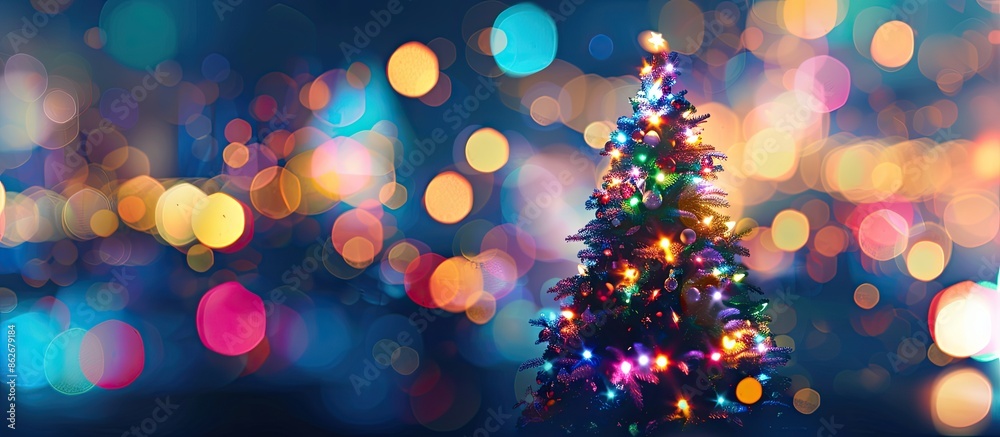 Poster Blurry abstract background of a Christmas tree with bokeh effects, suitable for copy space image.