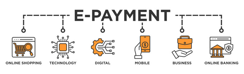 E-Payment banner web icon illustration concept of internet banking with icon of online shopping, technology, digital, mobile, business and online banking