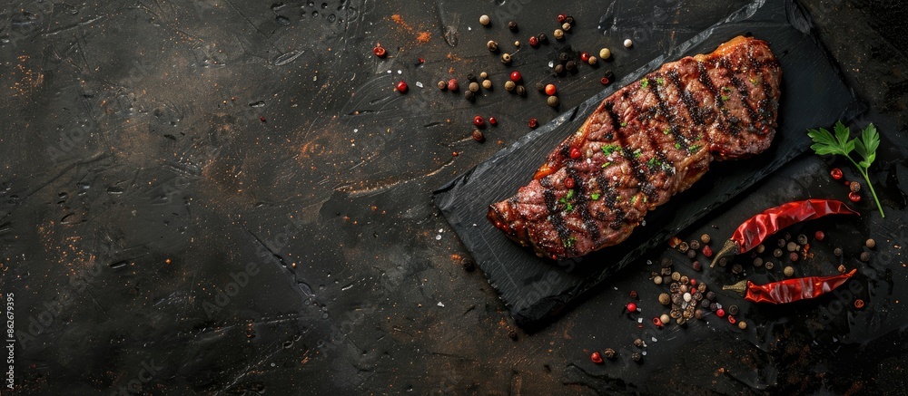 Aufkleber A sizzling steak seasoned with spices, displayed on a stone backdrop, with room for text in the image. Copy space image. Place for adding text and design