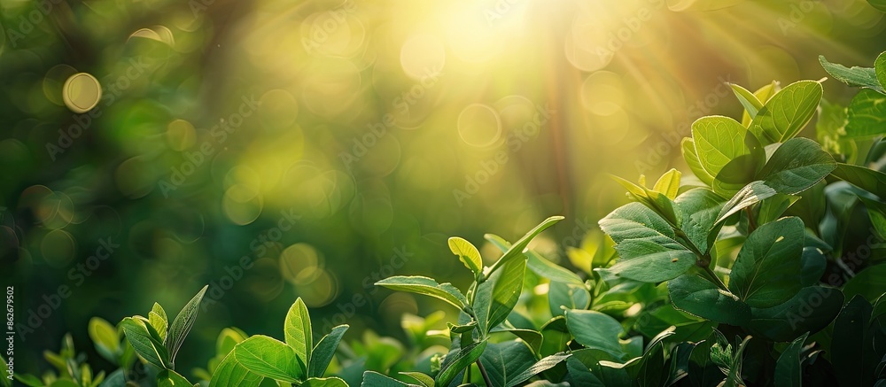 Poster nature scene with green foliage and blurred background, bathed in warm morning light, perfect for a 