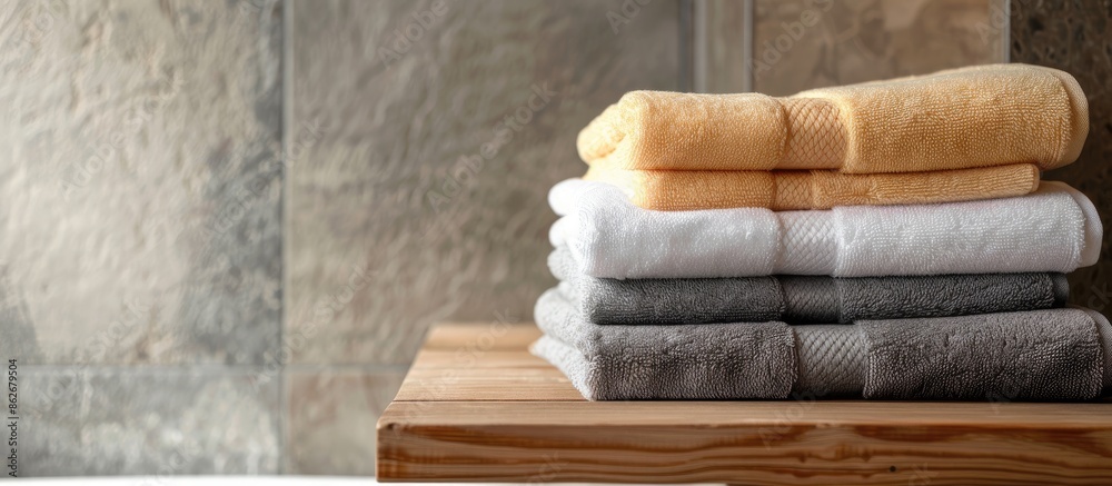 Poster fresh towels stacked on a wooden bathroom table in closeup view. ideal for text in copy space image.