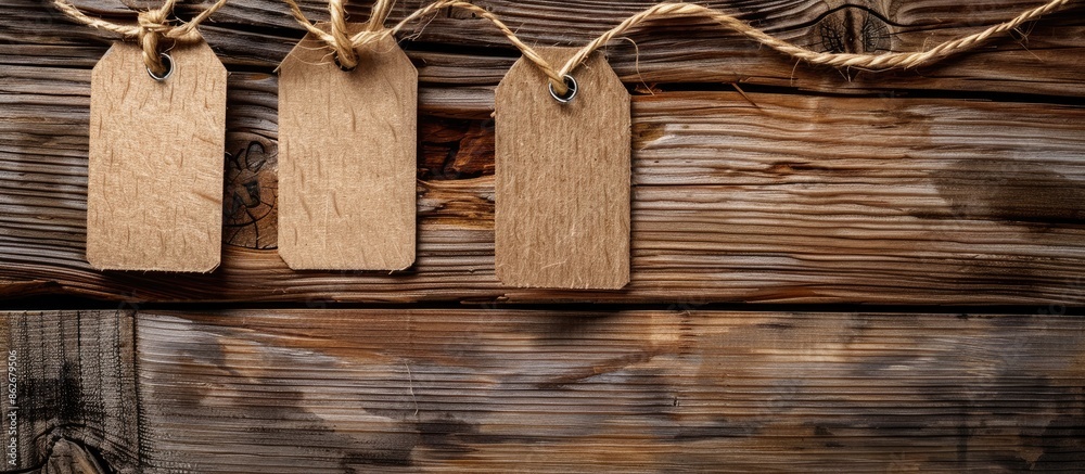 Poster wooden background adorned with paper tag labels providing copy space image.