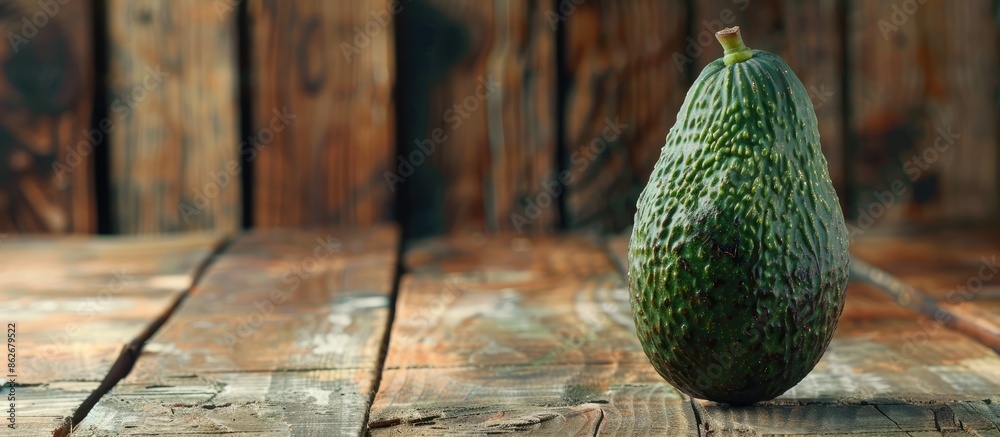 Poster Avocado placed on a wooden surface with ample copy space and focused selectively.