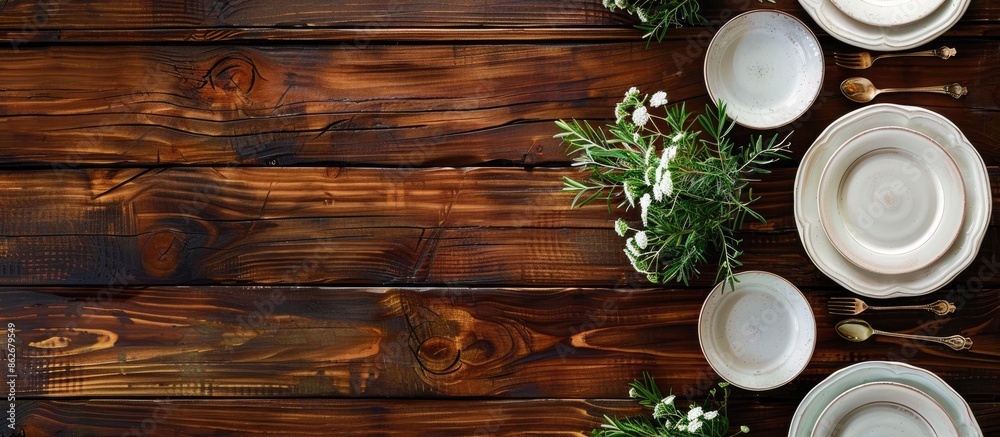 Leinwandbilder Dark wooden table set up with plates, creating a rustic ambiance for a meal, ready for use with copy space image.