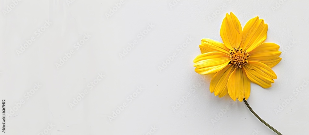 Poster top-down view of a yellow flower against a white background, ideal for copy space image.