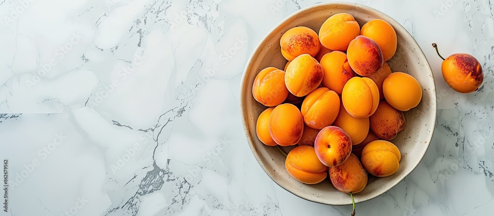 Aufkleber Delicious ripe apricots arranged in a bowl with a light background and space for text or images. Copy space image. Place for adding text and design