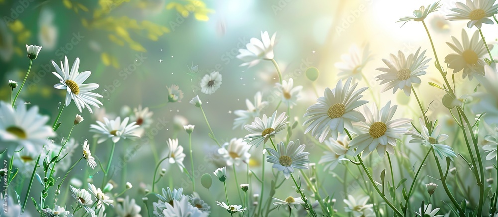 Poster A beautiful arrangement of daisies in a field with a light backdrop, perfect for a copy space image.