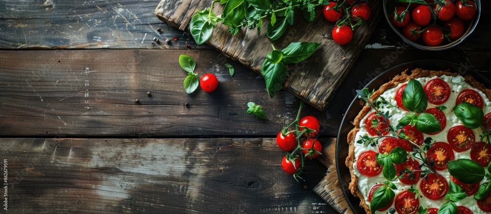 Poster overhead view of a rustic background showing a cherry tomato tart with homemade ricotta cheese, fres