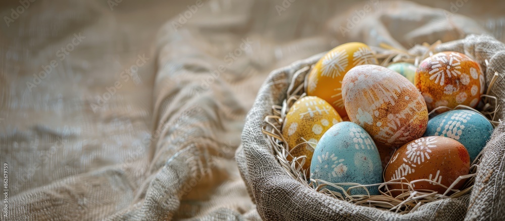 Fototapete Colorful Easter eggs in a basket on fabric with room for text in the image. Copy space image. Place for adding text and design