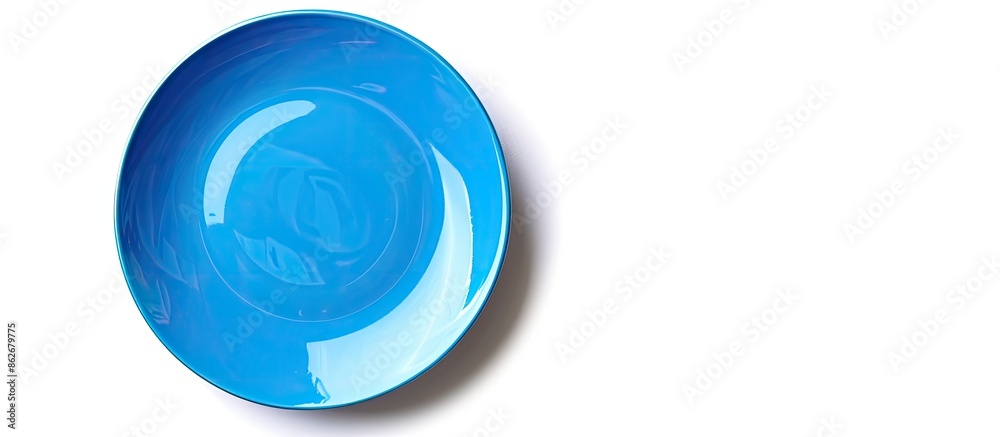 Poster circular blue plate positioned on a blank white backdrop with available copy space image.