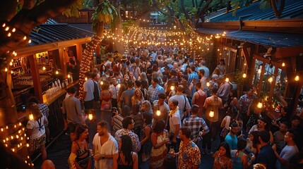 Naklejka premium Vibrant Night Party with Crowd and Festive Lights
