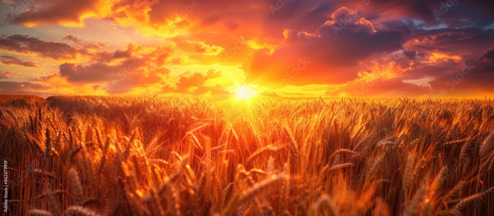 Poster sunset over a rural wheat field with ripening ears under an orange cloudy sky. close-up nature photo