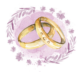 Gold rings for weddings, engagements on a pink background with flowers. Rings, jewelry on a background with leaves, watercolor spots. Wedding accessories in sketch style