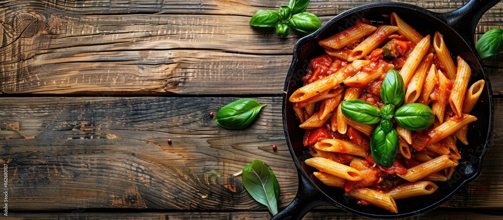 Poster top view of iron cast pan with pasta penne in tomato sauce and basil on a wooden table, providing am