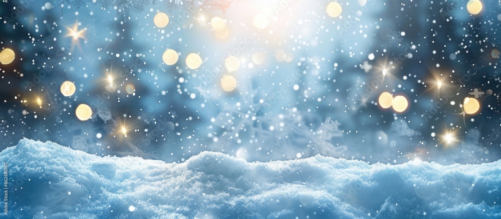 Leinwandbilder Snow-covered Christmas background featuring twinkling light, with ample copy space image available for customization.