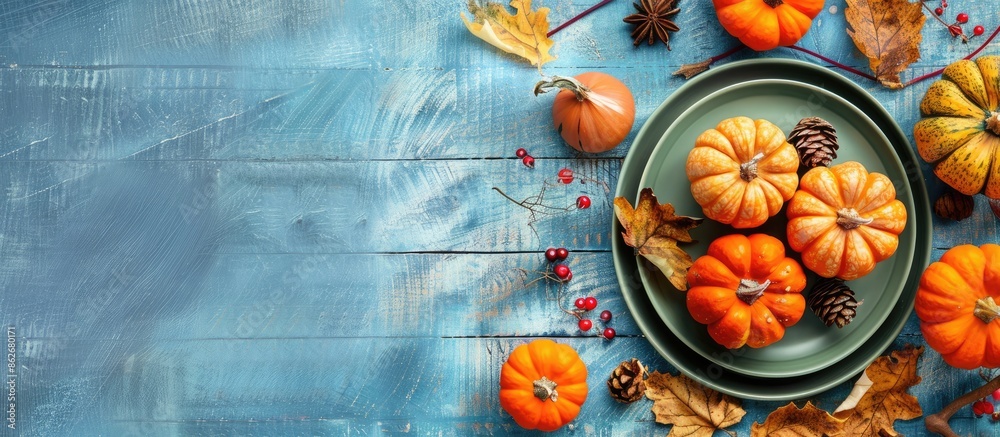 Aufkleber a plate featuring autumn decorations and pumpkins on a rustic blue wood backdrop with ample copy spa