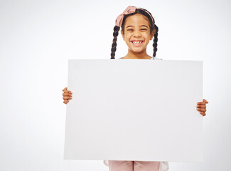 Poster, happy and portrait of child on a white background for news, announcement and information....