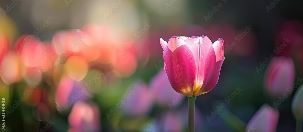 Poster Close-up image of a luxurious pink tulip in a garden with copy space image.