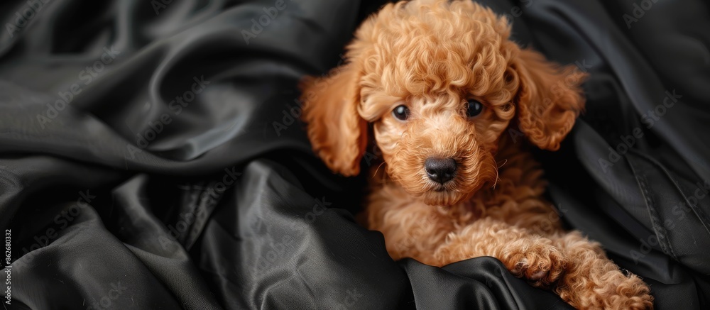Poster a solo poodle puppy rests on a black cloth with a background for copy space image.