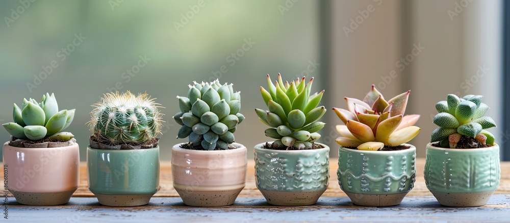 Poster Cactus and succulent plants displayed in tiny cups for a home garden setting with room for a copy space image.