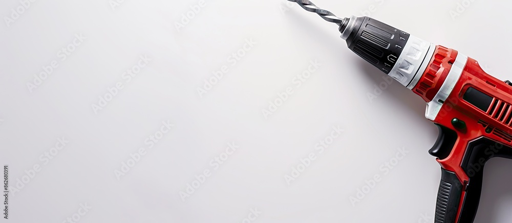 Aufkleber Metal drill positioned on a white backdrop with empty space for text or graphics, ideal for professional presentations or educational purposes. Copy space image. Place for adding text and design