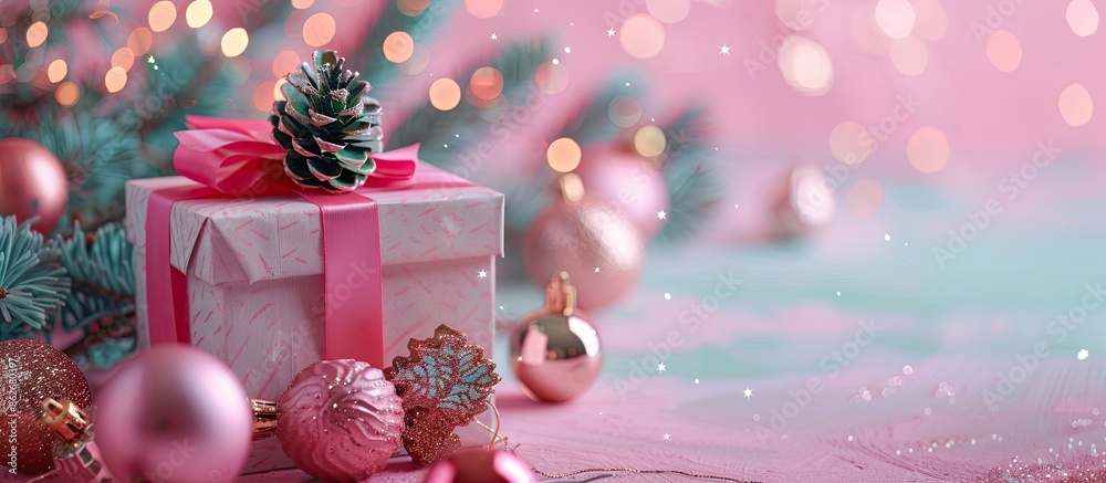 Poster Colorful gift box and decorations displayed with a charming object on a pastel backdrop, perfect for Christmas and New Year celebrations, with copy space image.